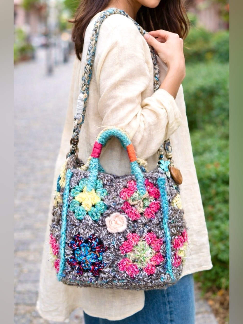 Handmade crochet Larger Tote with a strong boho / hippie style.
